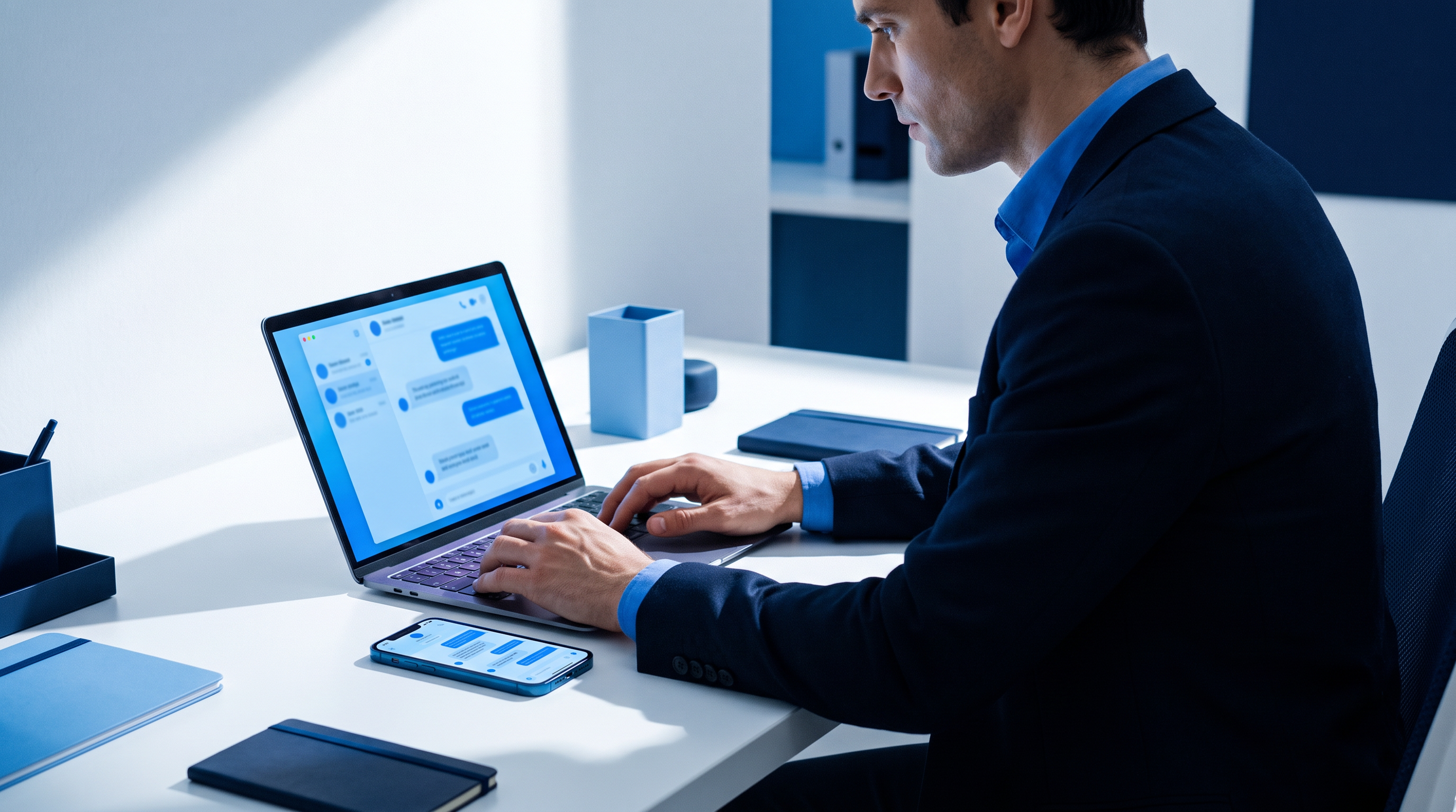 Employee getting IT help across a laptop and phone in a modern workspace.