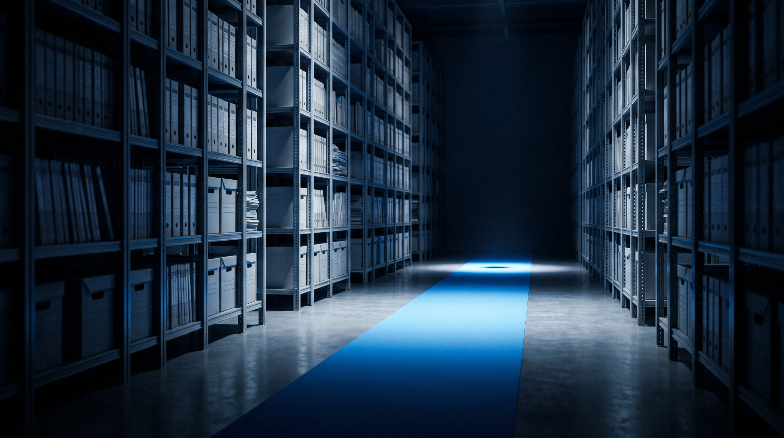 A vast document archive with one illuminated path to the answer, representing findability.