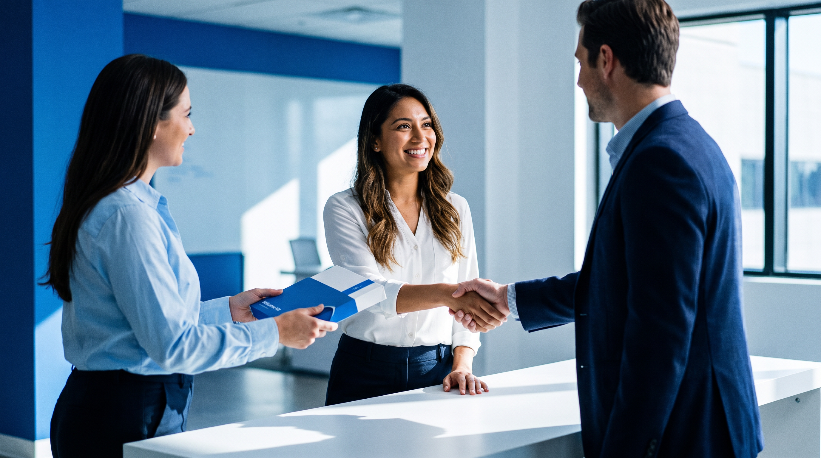 A new employee being welcomed on their first day during onboarding.