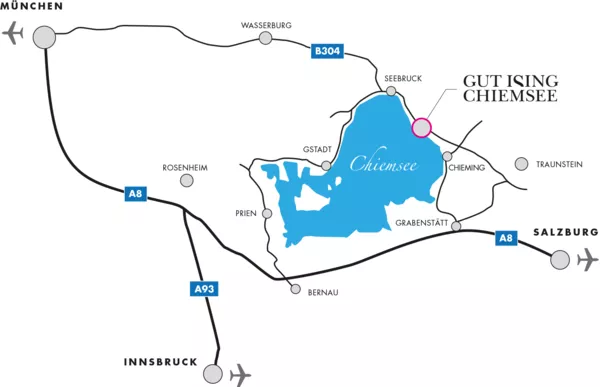 Karte Anfahrt von München, Rosenheim, Innsbruck, Salzburg zum Gut Ising am Chiemsee