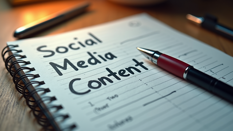 High angle view of a notebook with social media content ideas and a pen