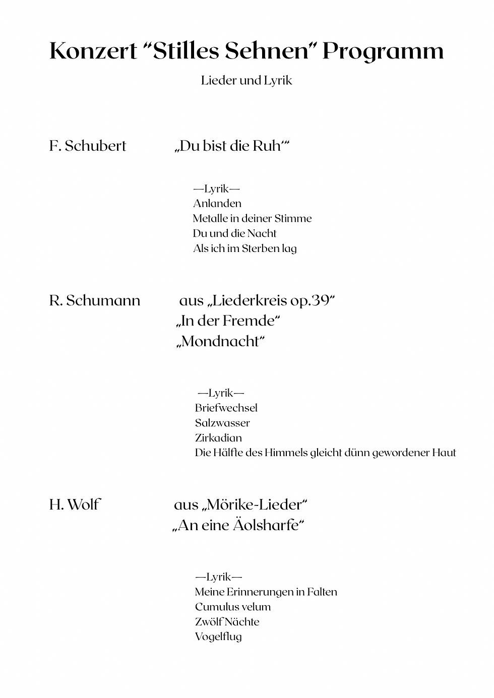 Stilles Sehnen Programm 1