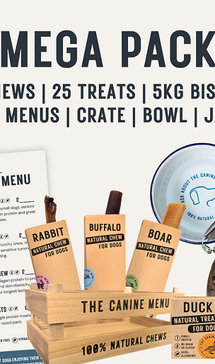 Mega Starter Pack (30 chews, 25 treats, 5kg biscuits, crate & bowl)