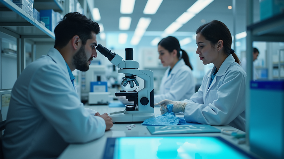 Eye-level view of a clinical research laboratory with data analysis equipment