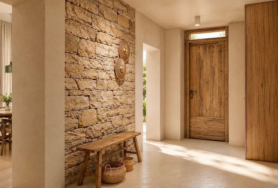 Hall d'entrée d'une maison de caractère rénovée par Aude Bellec, architecte d'intérieur en Corse-du-Sud. Pierre naturelle, bois massif, enduits minéraux et lumière naturelle composent une entrée chaleureuse qui invite à découvrir un projet pensé dans les moindres détails.