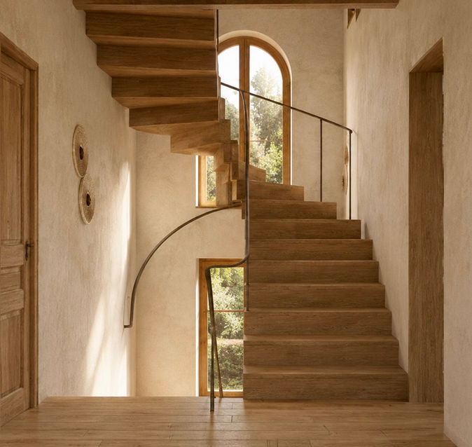 Hall desservant les chambres, grand escalier en acier corten et murs enduits de chaux.