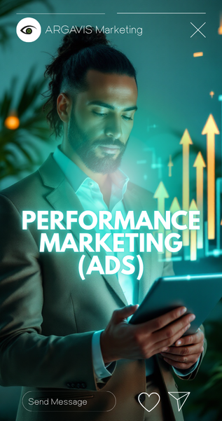 Mann mit Smartphone Text Overlay Performance Marketing