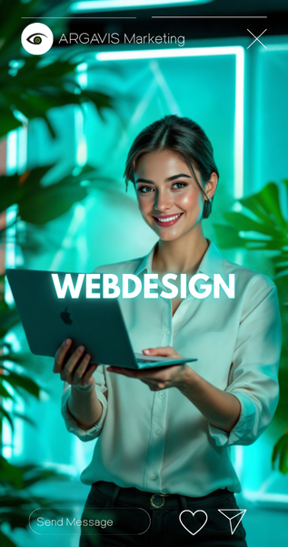 Webdesign Overlay und Frau die einen Macbook hält