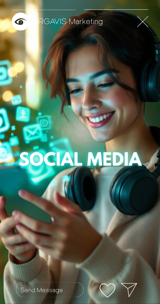 Frau mit Smartphone Text Overlay Social Media Marketing