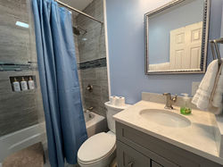 Hall bathroom with combination shower/tub.