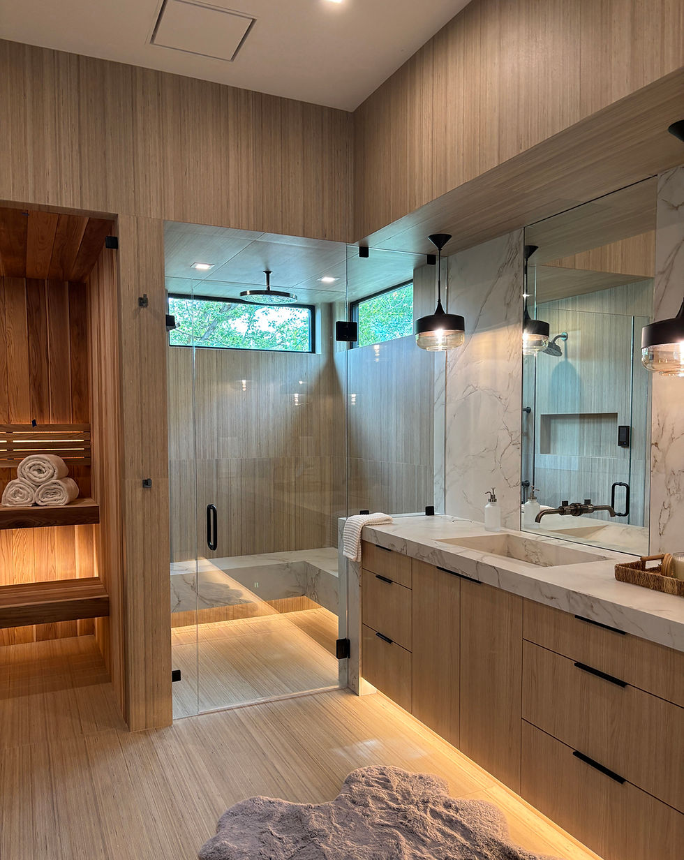Warm Modern Interior Design for Luxury Master Bath Spa