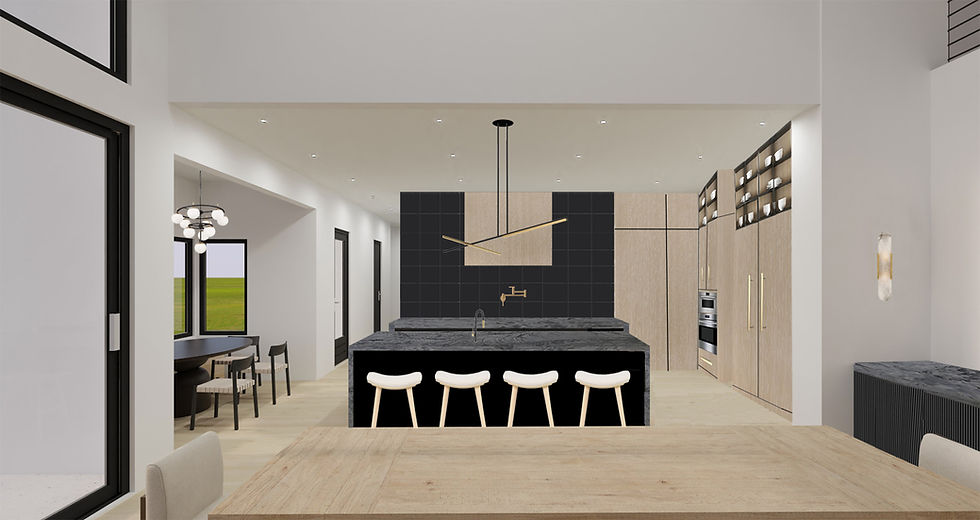 A detailed 3D visualization of a modern kitchen with high end appliances and custom cabinetry, illustrating modern farmhouse style.