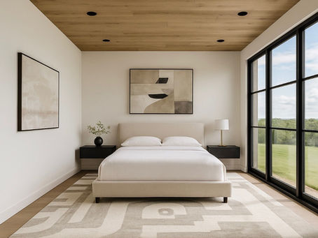 Warm modern master bedroom new home Eagle Idaho