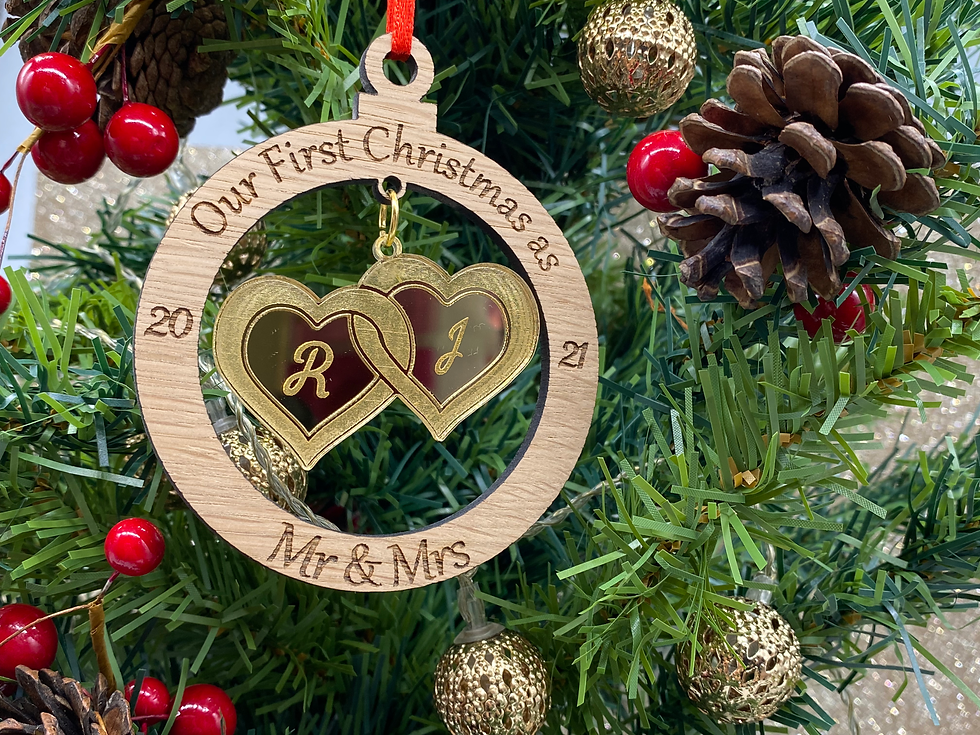 Thumbnail: Mr and Mrs first Christmas postcard and bauble gift