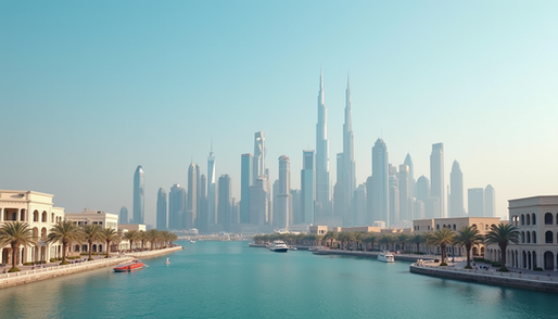 Eye-level view of a modern Dubai skyline with distinct architectural styles