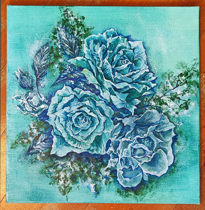 Size: 50 x 50 cm
Media: Acrylic on canvas
Description: Blue roses painting based on a picture I took in London.