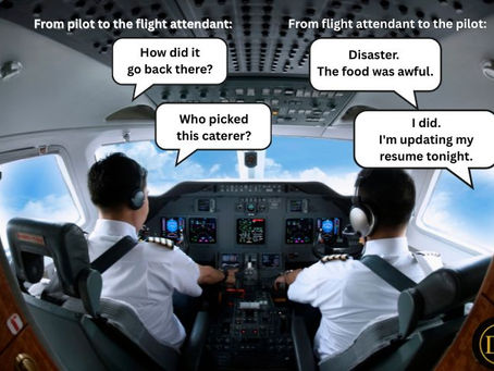 Cockpit view showing pilot and flight attendant conversation about disastrous catering service, flight attendant taking responsibility for caterer selection
