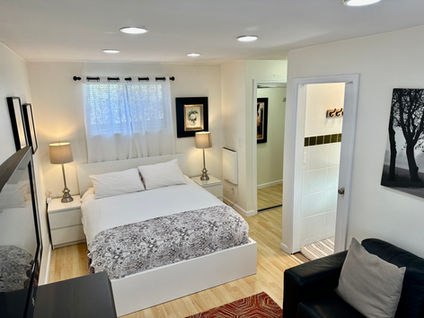 Bedroom with queen size bed,  side tables, lamp and window