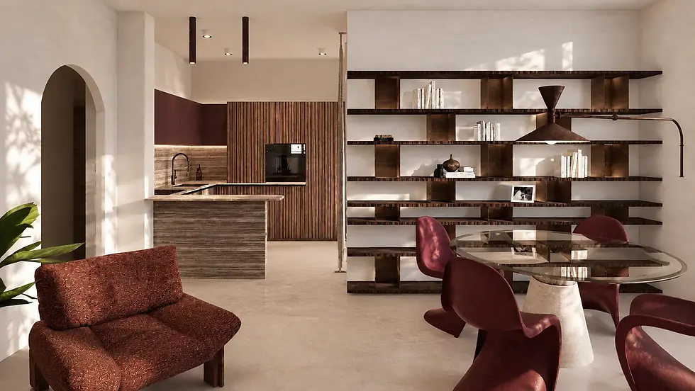 Render del living del progetto Villanova sviluppato in collaborazione con MC