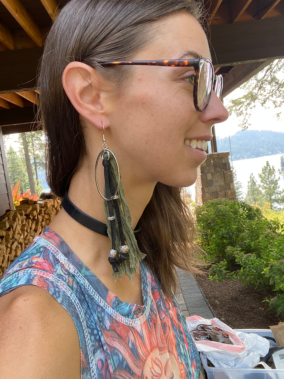 Thumbnail: Green Macrame +Black Leather Silver Earrings