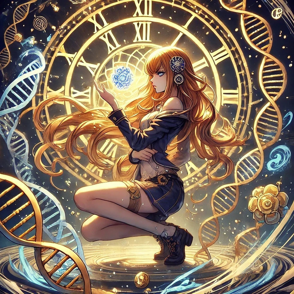 力強いポーズを決めるセレナ・ルミナスのイラスト。黄金色の長い髪、DNAの二重らせんと時計が背景に描かれ、リンのシンボルが輝いている。