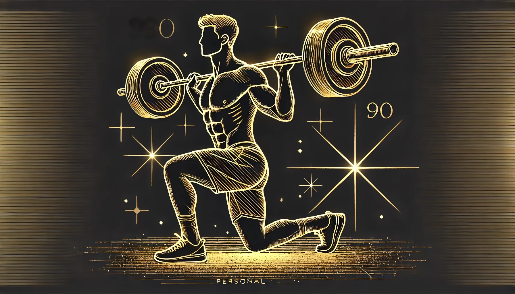 GYM CONQUER ジム筋華のRental GYM 90 - 黒を基調に金と白で描かれた筋肉質な男性がバーベルランジを行うイラスト。背景に星やキラキラしたデザインがあり、右上に「90」の数字、下部に「PERSONAL」の文字が表示され、24時間レンタル可能なプライベートジムの90分利用を強調