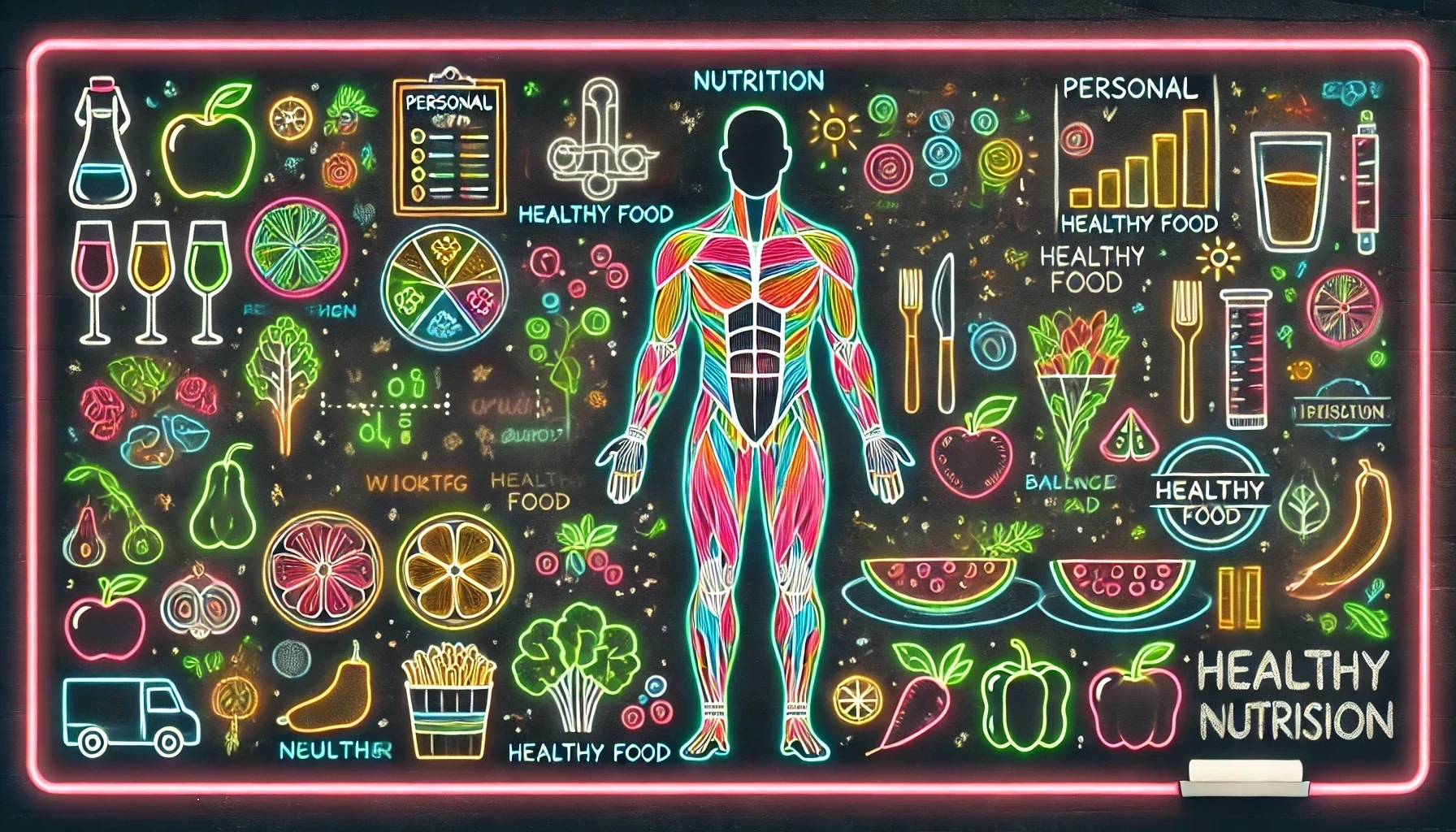 GYM CONQUER ジム筋華のMeal & Muscle Architect - 黒を基調にネオンカラーで描かれた筋肉の詳細と健康的な食品、栄養素のアイコンが散りばめられたイラスト。中央に人間の体が描かれ、上部に「PERSONAL」「HEALTHY FOOD」「NUTRITION」の文字があり、カラフルな果物や野菜が広がる。初心者向けの1か月間のトレーニングと食事改善プランのオンラインサポートを強調