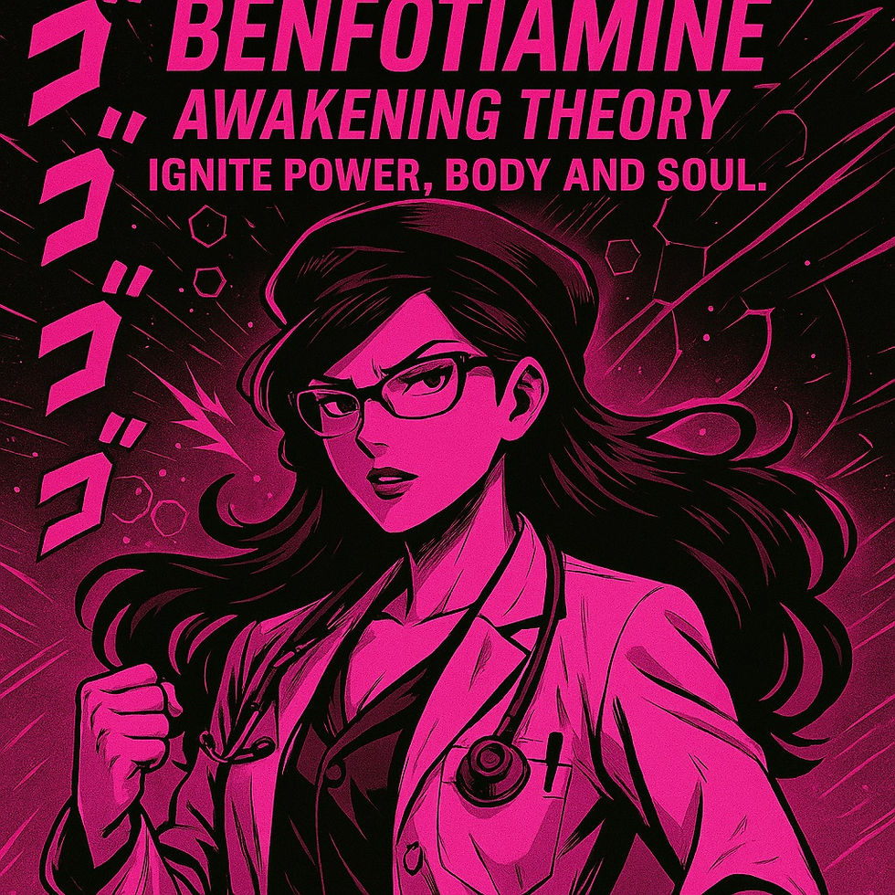 ショッキングピンクとブラックを基調としたイラスト。 女性医師・Dr.セレナ・ヴァイオレットが白衣をまとい、拳を握って前方を見据える力強い構図。 背景にはエネルギーのオーラや分子構造が浮かび、筋肉と科学が融合した「覚醒」の世界観を表現。 左側に「ゴゴゴゴ」と効果音、上部に「BENFOTIAMINE AWAKENING THEORY」の文字。