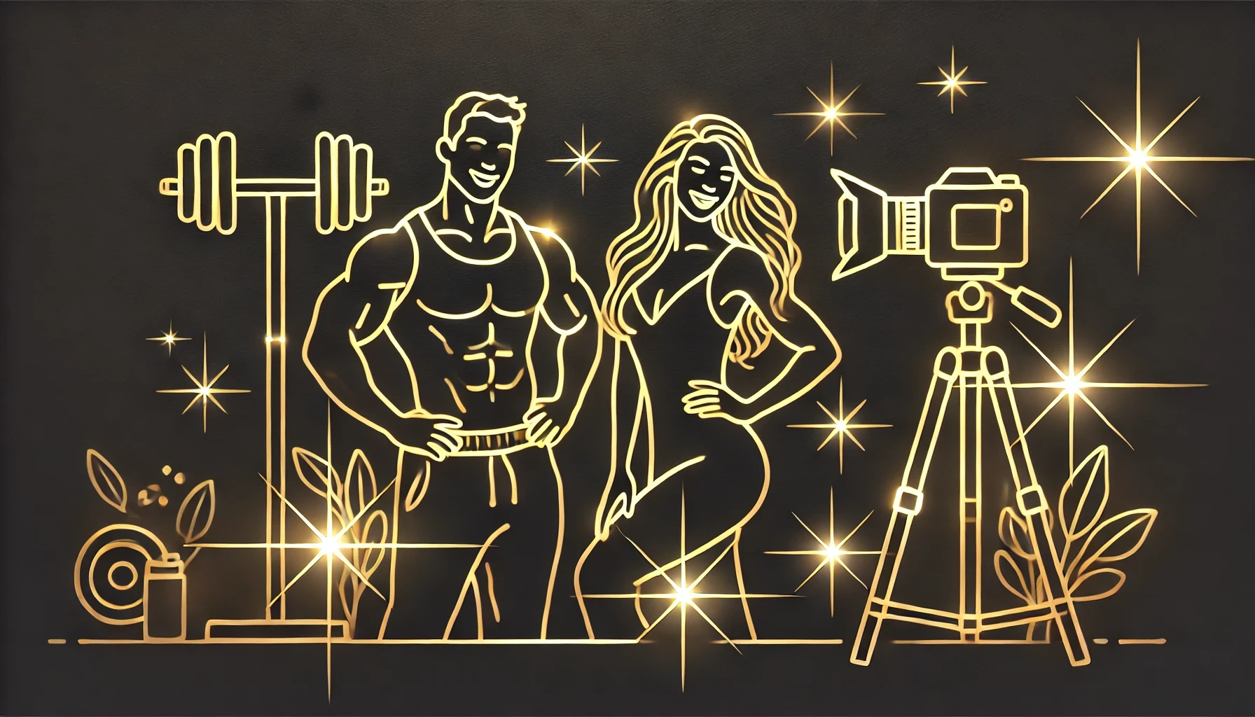GYM CONQUER ジム筋華のSelf Photo Studio 90 - 黒を基調に金と白で描かれた筋肉質な男性と女性がカメラの前でポーズを取るイラスト。照明機材とカメラが設置され、背景に星やキラキラしたデザイン、左側にバーベルと植物が描かれたセルフフォトスタジオの90分利用を強調