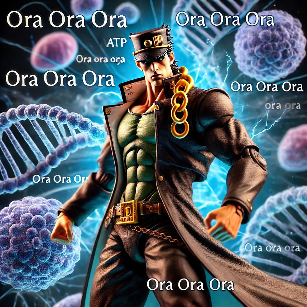 Un personaje musculoso posando de manera dramática contra un fondo que ilustra la producción de energía celular, incluyendo moléculas de ATP y mitocondrias. El personaje tiene una expresión decidida, con sonidos onomatopéyicos "ORA ORA ORA" flotando alrededor.