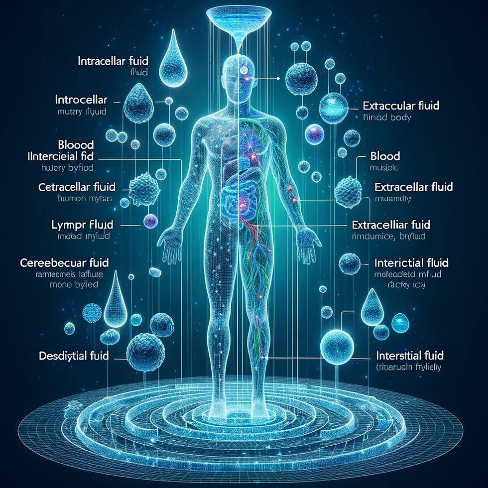 This is represented by a 3D wireframe illustration that conceptualizes the distribution and management of body water. The image visually depicts how water is distributed into intracellular and extracellular fluids (including cerebrospinal fluid, lymph, blood, and interstitial fluid), emphasizing how water is prioritized and managed. It also shows the importance of maintaining the balance of these fluids and how dehydration affects each differently. The design is scientific and informative, suitable for a blog focused on health and wellness.