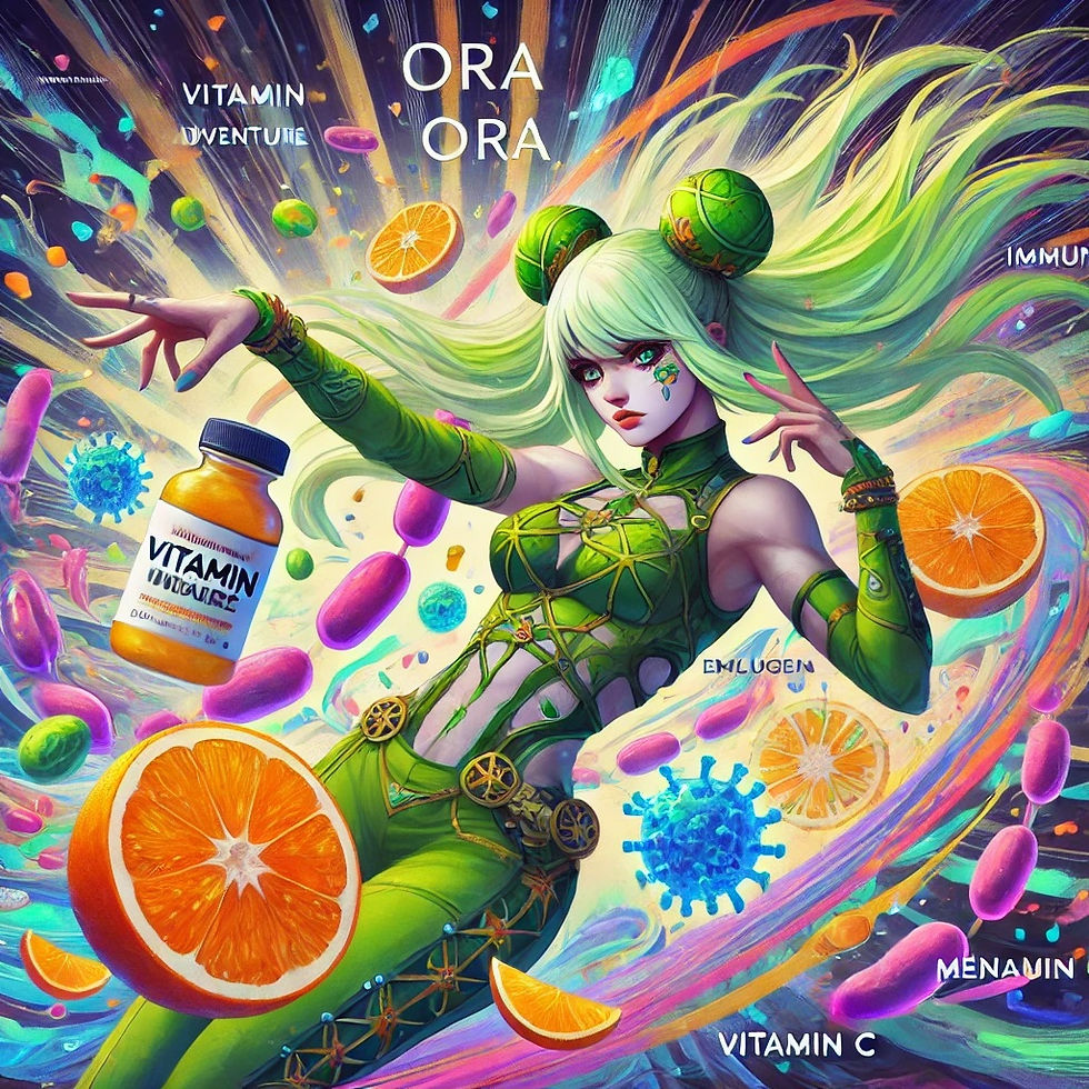 Una ilustración poderosa de un personaje inspirado en Jolyne Cujoh de JoJo's Bizarre Adventure, realizando su pose icónica de JoJo. Tiene el cabello largo y verde claro, estilizado en dos moños con mechones sueltos, y lleva un traje verde con patrones intrincados. Está de pie con una expresión feroz, cuerpo retorcido, un brazo extendido mientras el otro descansa en su cadera. A su alrededor hay símbolos que representan la Vitamina C, como estructuras de colágeno, células inmunes y cítricos brillantes. El fondo presenta energía arremolinada y elementos vibrantes, simbolizando el poder de la Vitamina C. Onomatopeyas en inglés como 'ORA ORA' y 'MENACING' mejoran la atmósfera intensa. La escena es vibrante, colorida y dramática, capturando la esencia de una confrontación al estilo JoJo.