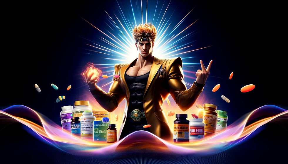 An image representing changes in nutrient intake with aging in the style of DIO Brando. A charismatic character emphasizes the importance of proteins, vitamins, and minerals.