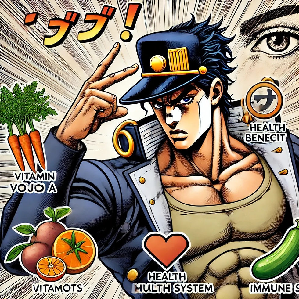 Una figura musculosa inspirada en Jotaro Kujo de Jojo's Bizarre Adventure, en una pose icónica de Jojo con una expresión confiada y feroz. La figura lleva un abrigo largo con un cuello alto y un sombrero distintivo, irradiando fuerza y determinación. El fondo está lleno de elementos dinámicos y coloridos típicos de la estética de Jojo. Alrededor de la figura hay estructuras moleculares que representan la vitamina A, y elementos estilizados del sistema ubiquitina-proteasoma, agregando un toque científico. La iluminación dramática resalta los contornos de los músculos de la figura, y los efectos de sonido al estilo Jojo ('ORA ORA ORA', 'DO DO DO') están integrados en el diseño para aumentar la atmósfera dramática. La imagen está renderizada en un estilo de arte manga.
