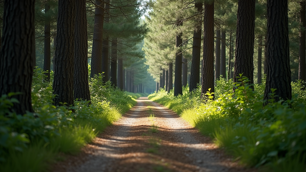 Eye-level view of a peaceful forest path surrounded by tall trees