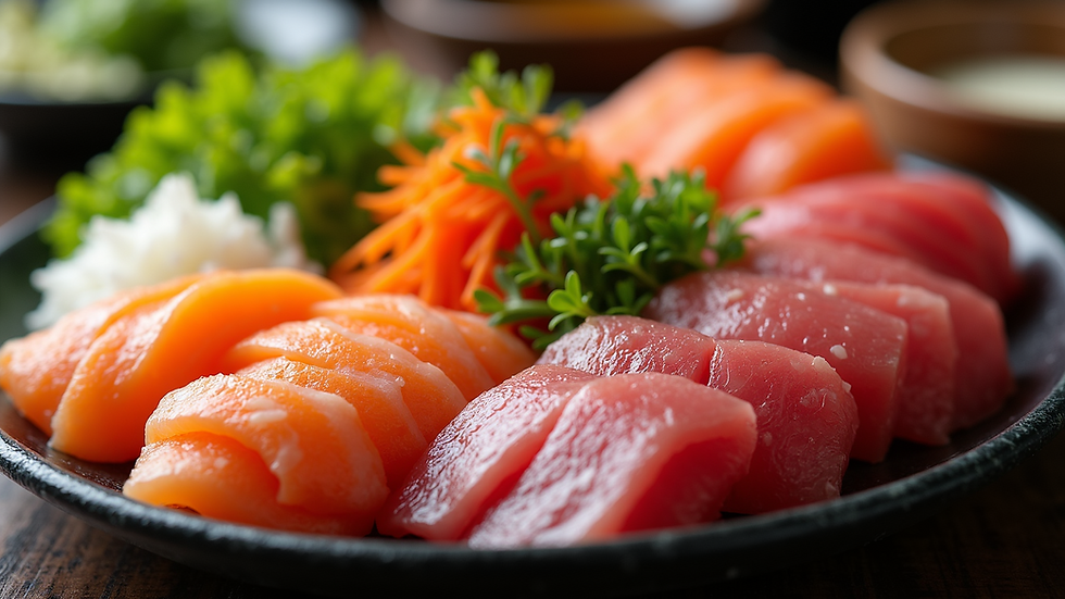 Close-up view of a gimbap platter with vibrant assorted ingredients