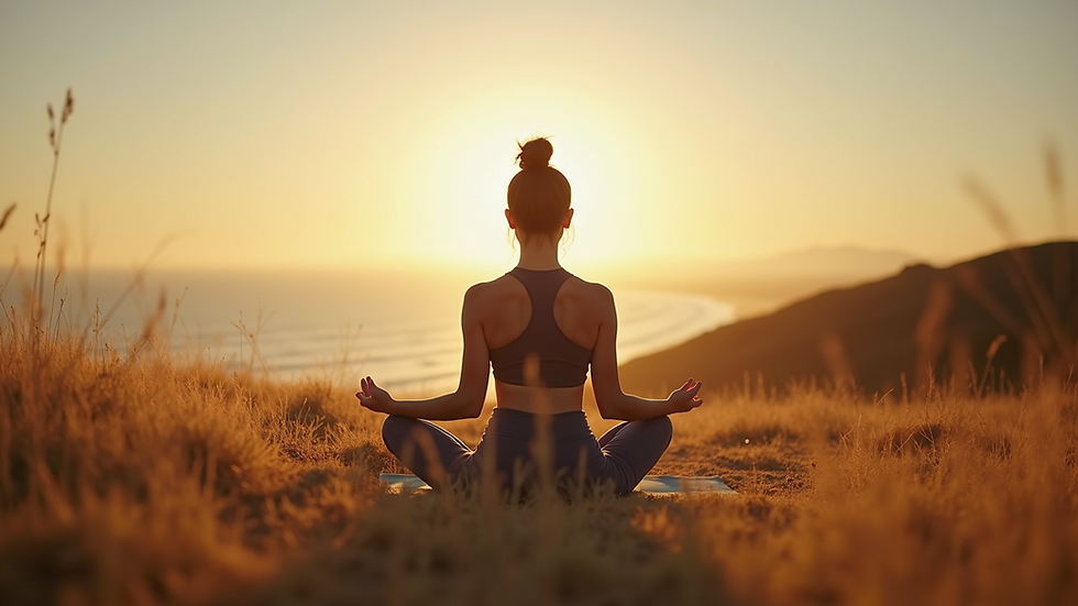 Eye-level view of a person practicing yoga in a serene environment
