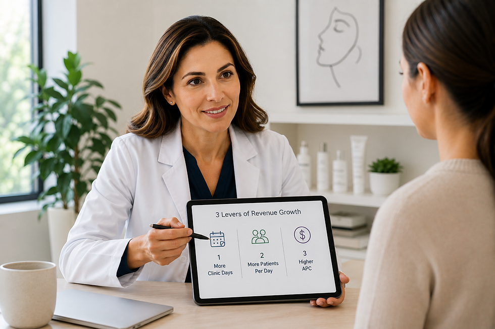 For dermatology practices, that might mean: Adding cosmetic services like injectables or laser treatments to increase APC Improving scheduling and patient flow to increase daily visits Expanding provider availability if waitlists are growing The key is identifying which opportunity creates the biggest impact with the least operational strain.