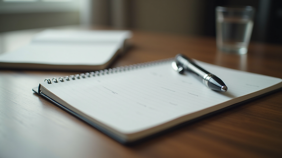Close-up view of a notebook and pen on a table during a therapy session