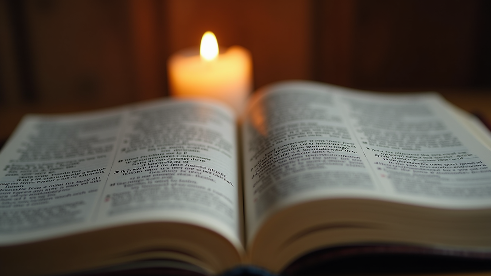 Close-up view of an open Bible with highlighted verses and a soft candlelight