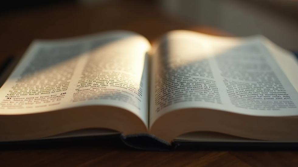 Close-up view of an open Bible with a soft light shining on the pages
