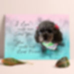 light pink and light blue memorial portrait of a black dog with a quote