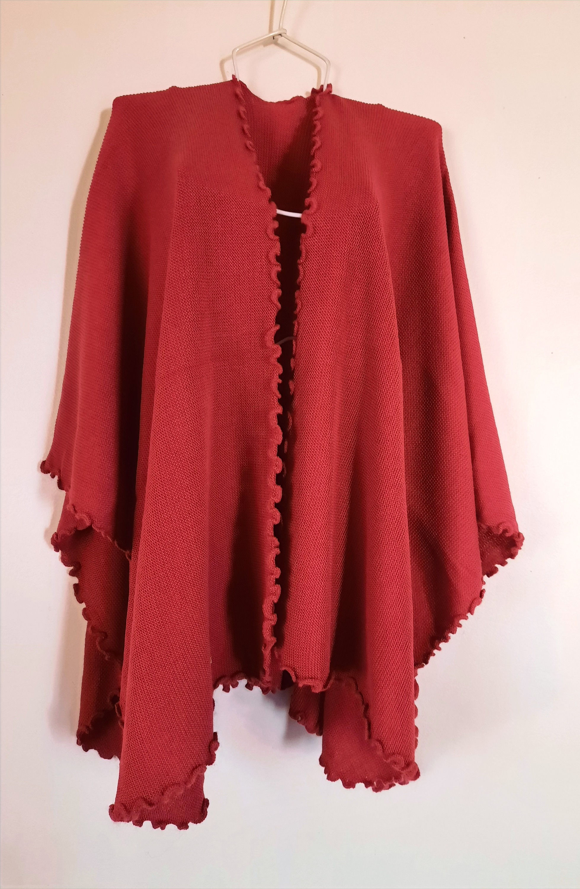 Red Alpaca Wrap Around Shawl with Unique Hemline