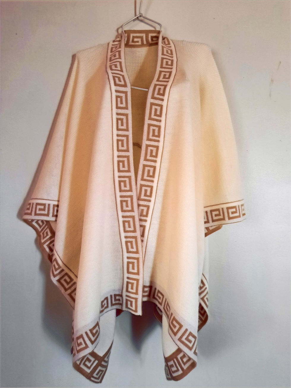 Alpaca Wrap Around Shawl: Cream Color with Red Incan Spiral Design