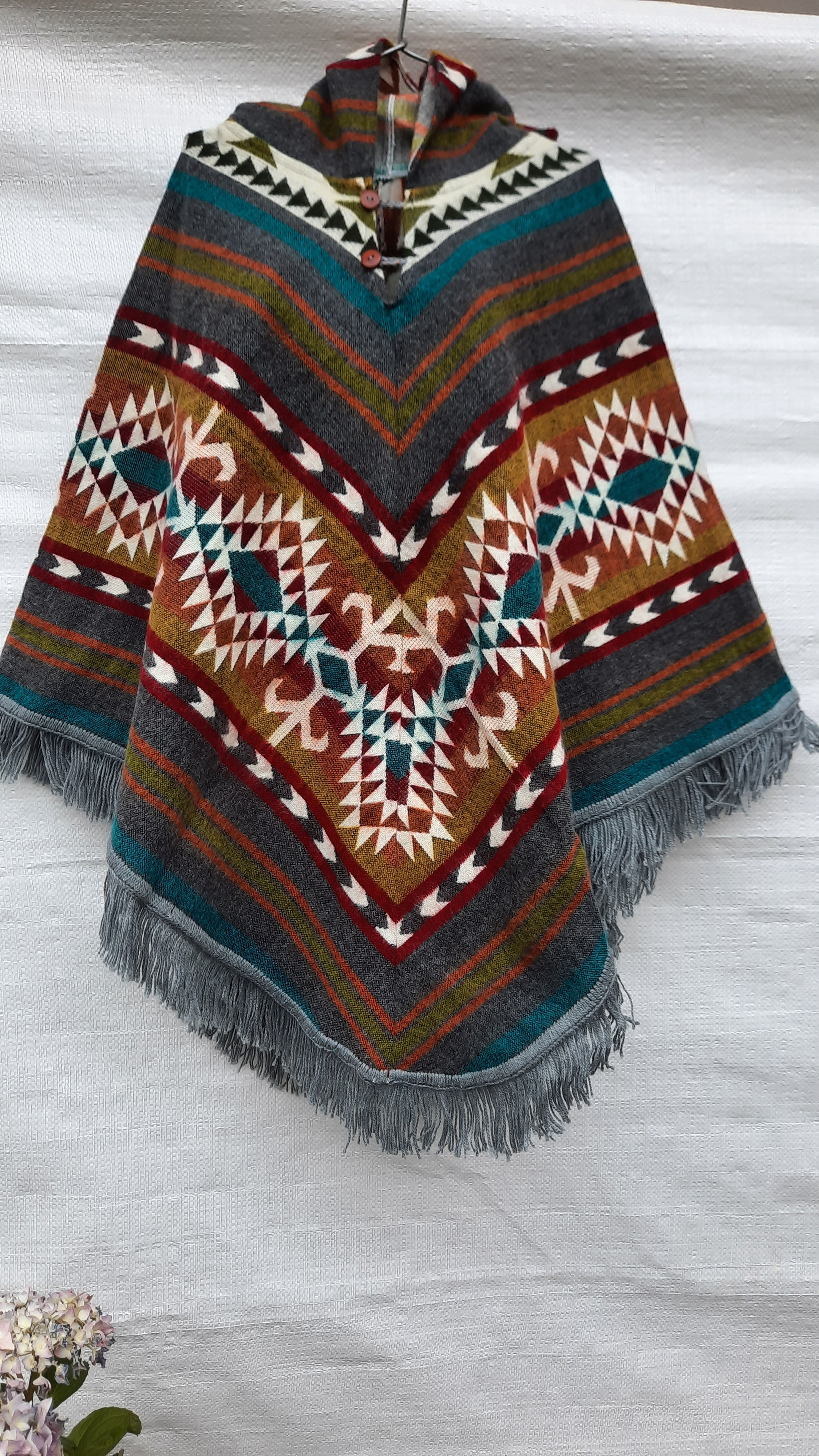 Brown Hooded Poncho with Geometric Designs