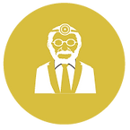 A round yellow icon showing a clipart of a dentist/doctor.