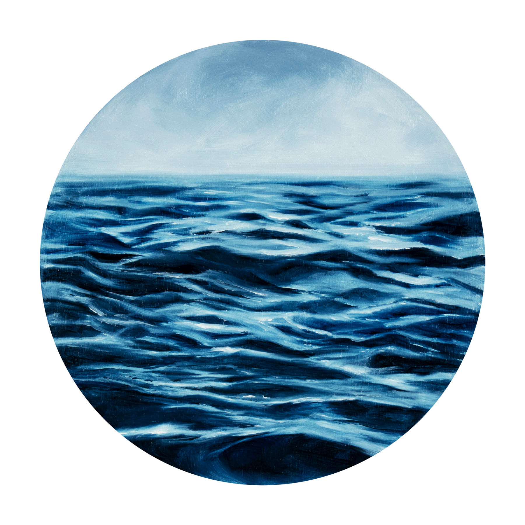 painting of circle porthole view of the sea, with rippling waves and deep blues and whites