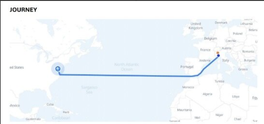 a map showing the journey of a ship that carried sodium sulfite

the ship's journey is represented by a blue line