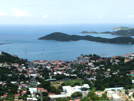 Panoramic view of Charlotte Amalie’s harbor and historic waterfront in St. Thomas.
