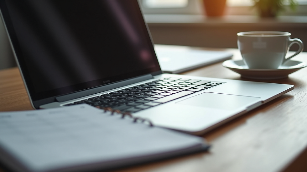 Eye-level view of a laptop and planner on a tidy desk
